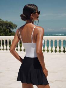 Swim Chiccia 1pc Women's Vacation Colorblock Cutout Design Sexy Spaghetti Strap One-Piece Swimsuit For Summer - Beige - View 2