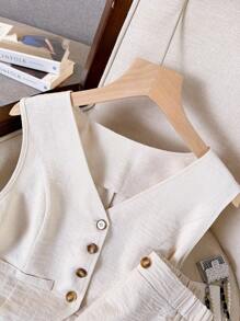 SHEIN Tall 2 chiếc áo ghi lê một nút màu trơn cho nữ và quần short bộ đồ thường ngày - Màu be - Xem 4