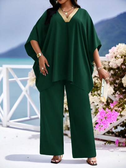 SHEIN Lady Spring And Summer Elegant Commuting Office Casual Boho Green Woven V Neck Batwing Sleeve Tape Ruffle Neck Long Short Sleeve Plus Size Co-Ords,Two Piece Set Women Valentine's Day Outfit