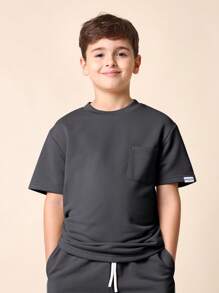 SUMWON Conjunto deportivo de dos piezas coordinado, camiseta de entrenamiento de manga corta con bolsillo y pantalones cortos de chándal con cordón, conjunto de ropa deportiva informal - Gris Oscuro - Ver 3