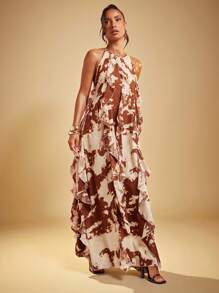 Hauture Đầm Maxi Cổ Halter Xếp Tầng In Hình Con Bò Nghỉ Mát - Nhiều màu - Xem 5