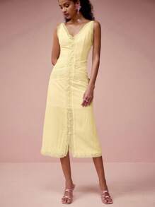 Enchnt 女士纯色吊带裙，夏季时尚 - 黃色 - 查看 3