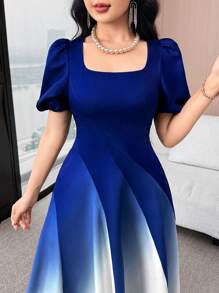 Feyla 女士方领短款泡泡袖渐变色优雅中长连衣裙 - 藍色 - 查看 3