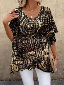 EMERY ROSE Women's Casual Minimalist Spliced V-Neck Loose Shirt, Suitable For Summer Suitable For Going Out - Multicolor - View 3