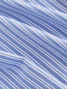 SHEIN MOD 春夏新款女士加大码优雅条纹短袖衬衫，修身腰带泡泡袖衬衫，适合职场和休闲穿着 - 藍白色 - 查看 5