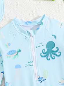 婴儿/男宝宝鲸鱼印花长袖泳衣和太阳帽套装 - 彩色 - 查看 3