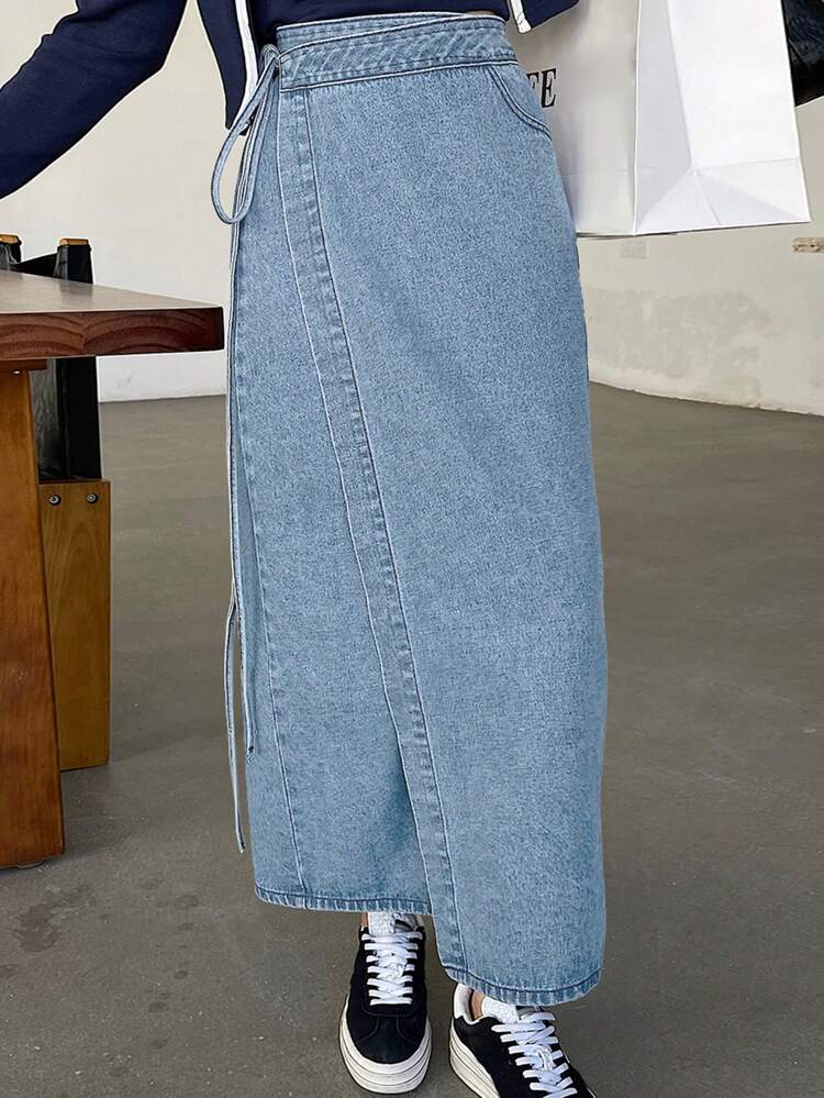 Women's Side Knotted Wrap Long Casual Denim Skirt Jeans Skirt