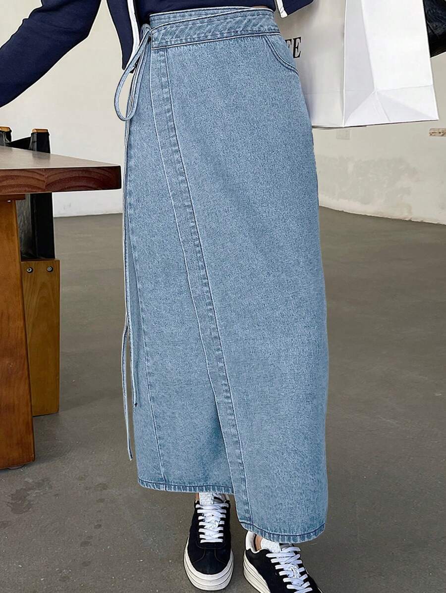 DAZY 女士侧边打结裹身长款休闲牛仔裙 - 淺藍色 - 查看 1