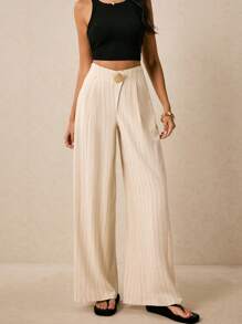 Poéselle Women's Striped Linen Trousers,Wide-Leg Pants With Metal Buckle,Elegant Old Money Style For Brown And Cream,Autumn,Holiday,Brunch,Commuting & Daily - Beige - View 1