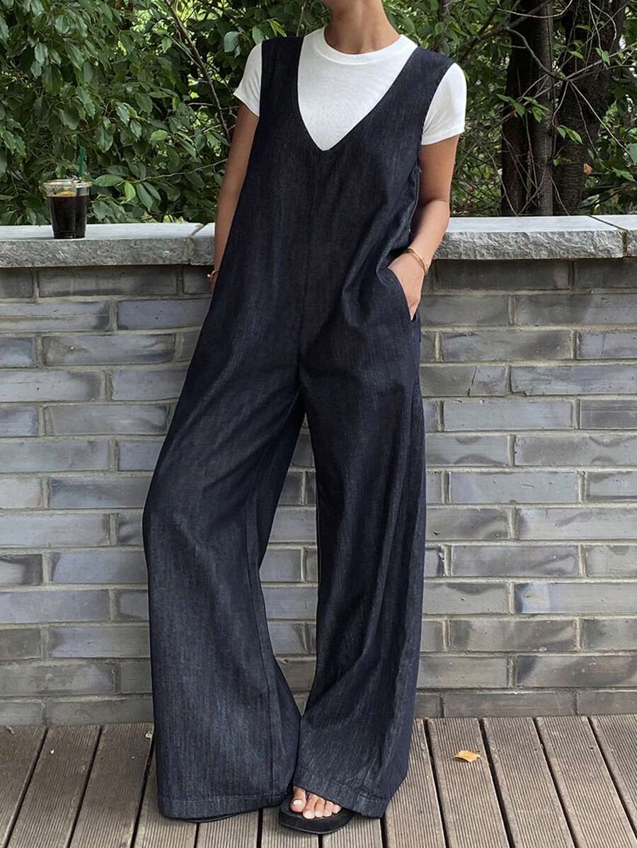 DAZY 女式深V领牛仔背带裤，休闲街头风格连体裤