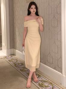 DAZY 女士露肩网纱夏季连衣裙 返校节礼服 婚纱 舞会礼服 优雅女士连衣裙 - 米色 - 查看 5