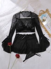 Contrast Lace Mesh Lingerie Set - Black - View 6