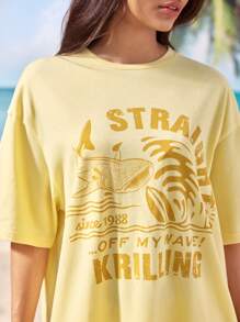 Shark Week X SHEIN Hai- & Buchstabengrafikprint Crew-Ausschnitt Kurzarm T-Shirt - Gelb - Übersicht 7