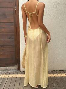 SHEIN Unity Women's Open Back Tie-Up Button Design Cami Maxi Dress - Butter Yellow - View 2