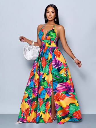 SOLERSUN Women Casual Holiday Deep V Neck Backless Ruched Split Thigh Maxi Dress With Botanical Print
