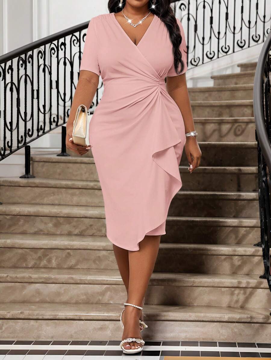 SHEIN Lady 春夏优雅复古工作婚宴情人节新年派对针织深V领水钻荷叶边新款修身连衣裙大码礼服正式舞会礼服大码连衣裙 - 粉色 - 查看 1