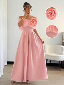 Selianne Women's One Shoulder Ruffle Chiffon A-Line Pleated Elegant Dress - Pink - View 4