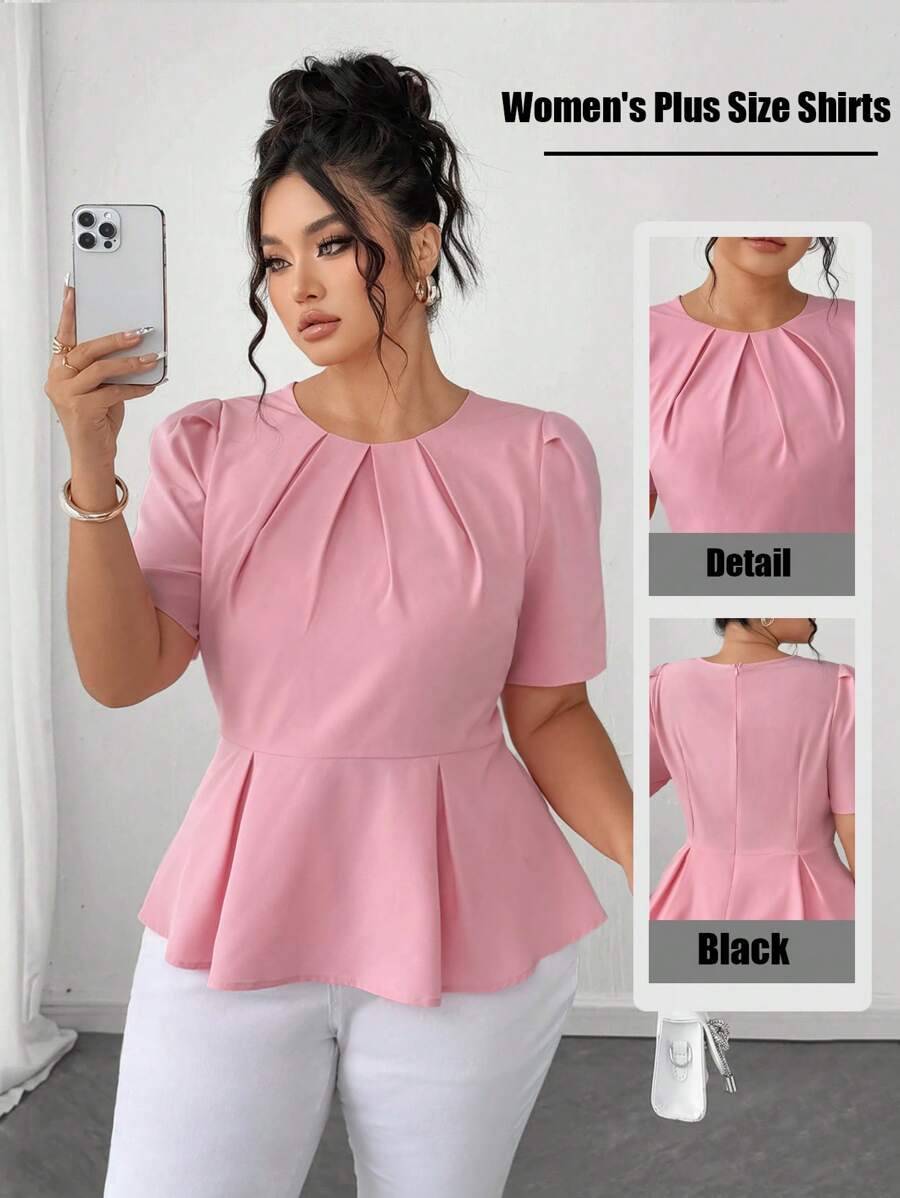 Elenzga Áo sơ mi dệt thanh lịch mùa hè cỡ lớn cho nữ - Hồng - Xem 1