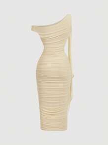 SHEIN MOD Women's Solid Color Asymmetric Collar Ruffle Patchwork Tie-Dye Elegant Mid-Length Dress,Bodycon Dress - Apricot - View 2