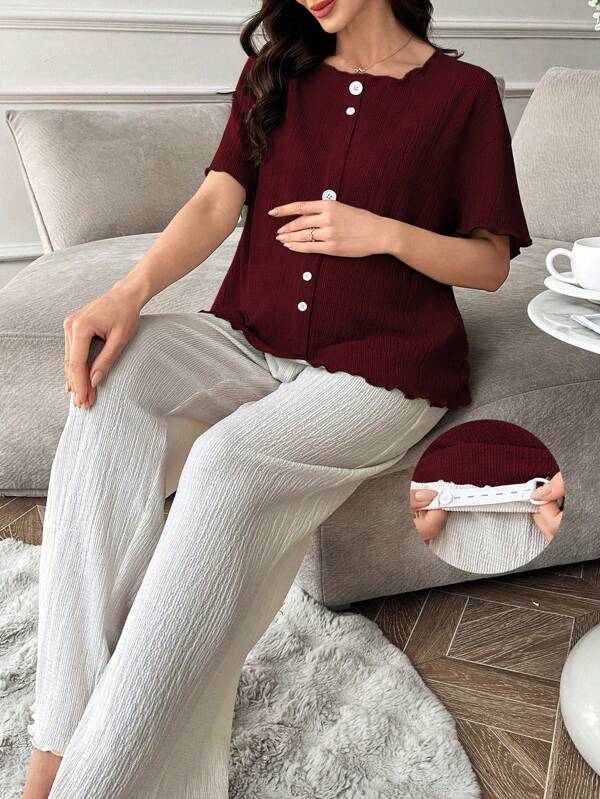 纯色不对称纽扣装饰孕妇短袖上衣和裤子家居服套装