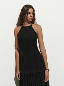 Lumivelle Women Solid Color Pleated Hem Halter Neck Dress - Black - View 6