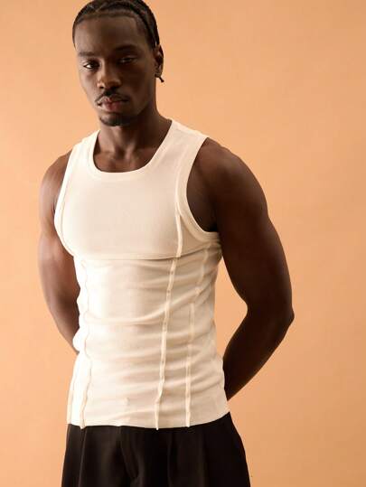 Musero 男士圆领缝线细节紧身罗纹背心，适合秋冬季叠穿