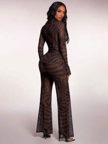 Radiana 2 件套女士休闲斑马纹透明网眼衬衫上衣和高腰长裤套装，街头风格度假，春夏 - 彩色 - 查看 2