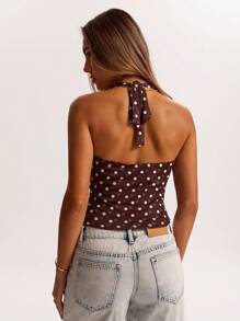 SHEIN BAE Minimalist Brown Mesh Comfortable Draped Neck Drape Front Tank Top, Suitable For Street, Commute, Casual, Date, Hangout With Friends, Italy Vacation, Versatile Occasions