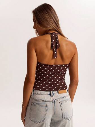 SHEIN BAE Minimalist Brown Mesh Comfortable Draped Neck Drape Front Tank Top, Suitable For Street, Commute, Casual, Date, Hangout With Friends, Italy Vacation, Versatile Occasions