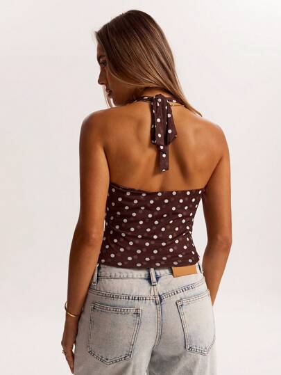 SHEIN BAE Minimalist Brown Mesh Comfortable Draped Neck Drape Front Tank Top, Suitable For Street, Commute, Casual, Date, Hangout With Friends, Italy Vacation, Versatile Occasions