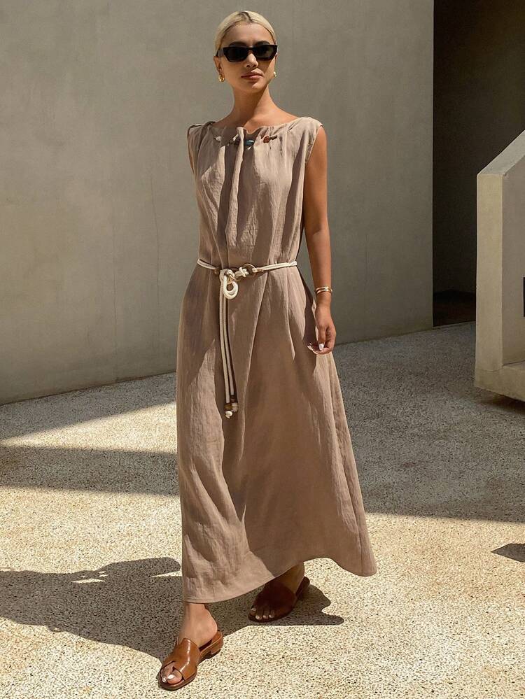 Summer New Loose Casual Beach Holiday Linen Blend Dress For Women Vacation Maxi Dress