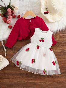 Infant/Toddler/Baby Girl 2Pcs Set: Red Knit Cardigan & White Strawberry Embroidered Mesh Dress, Cute & Elegant Style, Suitable For Spring, Summer, Autumn Seasons, Great For Outings, Parties - Red - View 1