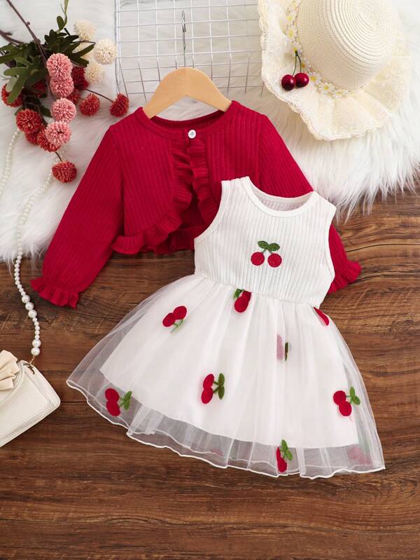Infant/Toddler/Baby Girl 2Pcs Set: Red Knit Cardigan & White Strawberry Embroidered Mesh Dress, Cute & Elegant Style, Suitable For Spring, Summer, Autumn Seasons, Great For Outings, Parties