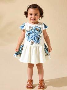 SHEIN Vestido de manga corta con patrón floral de color albaricoque adorable para bebé niña en verano - Multicolor - Ver 9