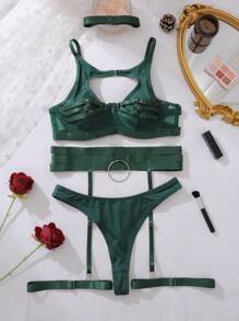 中空與十字交叉設計性感內衣套裝 - 墨綠色 - 查看 6