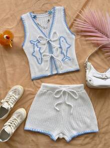 Soleia Conjunto de top con nudo y pantalones cortos bohemio, elegante y tropical, apropiado para vacaciones de primavera/verano, boda en la playa, fiesta de graduación, Día de San Patricio, Spring Break, Semana Santa, festivales de música