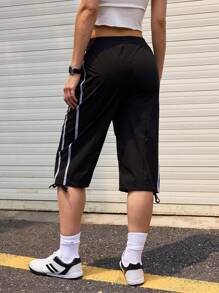 SHEIN Sports 女士松紧腰侧条纹宽松短款休闲运动裤 - 黑色 - 查看 1