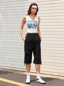 SHEIN Sports 女士松紧腰侧条纹宽松短款休闲运动裤 - 黑色 - 查看 4