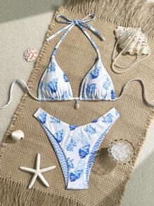Swim Mod 2pcs/Set Summer Beach Random Print Textured Fabric Blue Pearl Shell Accessory Halter Bra Top & High Cut Bikini Swimsuit Set - Blue and White - View 1