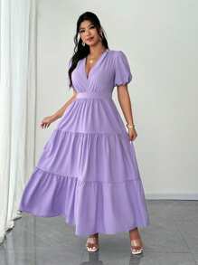 SHEIN Unity Plus Size Solid Color V-Neck Ruffle Puff Sleeve Patchwork Elegant Dress - Purple - View 1