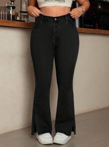 SHEIN ICON Plus Size Women Casual Flared Jeans With Pockets And Side Slit - Black - View 1