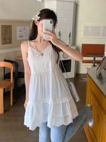 DAZY Top canottiera da donna con balza in pizzo a contrasto, top babydoll estivo alla moda senza maniche