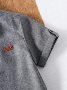 SHEIN 1 件青少年男孩立领绅士风格纯蓝色百搭休闲短袖衬衫，春夏 - 灰色 - 查看 6