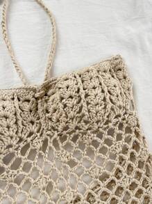 Soleia 全新设计沙滩装贝壳吊带镂空迷你针织连衣裙 - 卡其色 - 查看 6