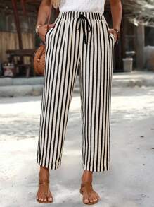 EMERY ROSE Women's Contrast Striped Drawstring Waist Loose Casual Pants Summer Pants For Women,Fall Women Clothes - Black and White - View 1