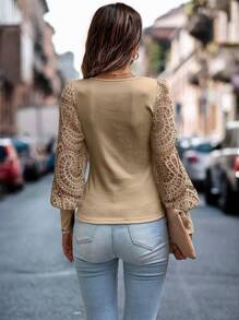 SHEIN LUNE Guipure Ren tương phản Tay áo lồng đèn Áo - Màu Khaki - Xem 2