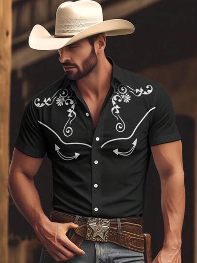 Manfinity Nomadique Camisa casual de manga corta con estampado floral de estilo occidental para hombres, camisas de vaquero para hombres