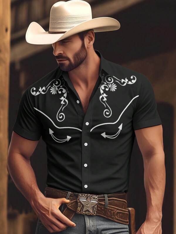 Manfinity Nomadique Camisa casual de manga curta com estampa floral estilo ocidental masculina, camisas de cowboy masculinas, camisas de cowboy para homens, camisas de cowboy masculinas, camisas de cowboy masculinas, tops masculinos, estilo ocidental