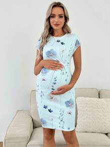 SHEIN Maternity Sun Dress Floral Print Tie Waist Bodycon Midi Dress For Casual/Holiday Wear - Blue - View 6