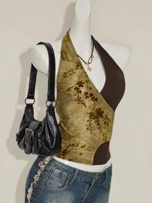 SHEIN ICON Áo ba lỗ hở lưng cổ chữ V họa tiết cổ điển dành cho nữ bằng vải Burnout - Màu vàng - Xem 10